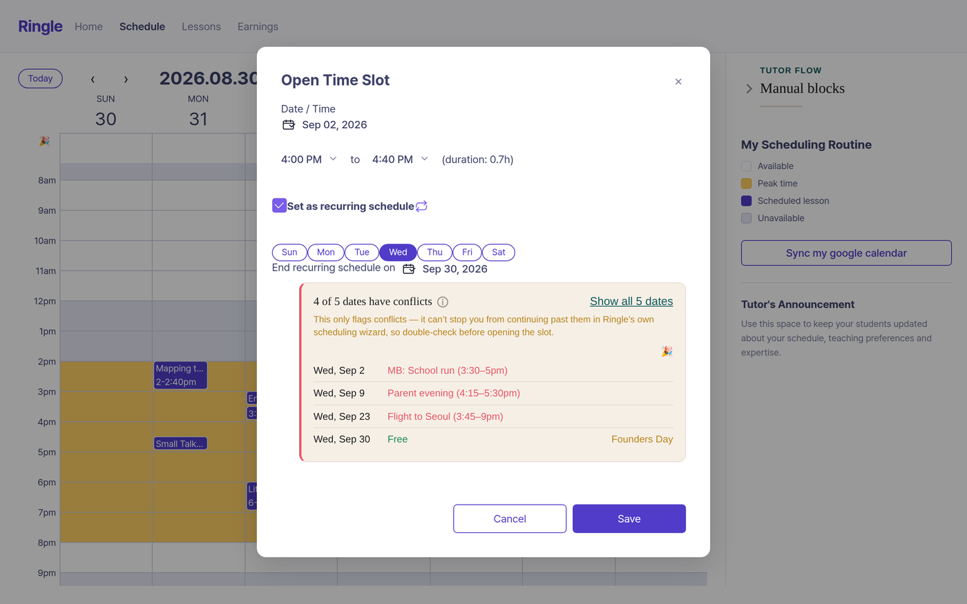 Ringle’s recurring-slot dialog open over the booking grid, flagging four of five proposed dates as conflicting with the tutor’s calendar.