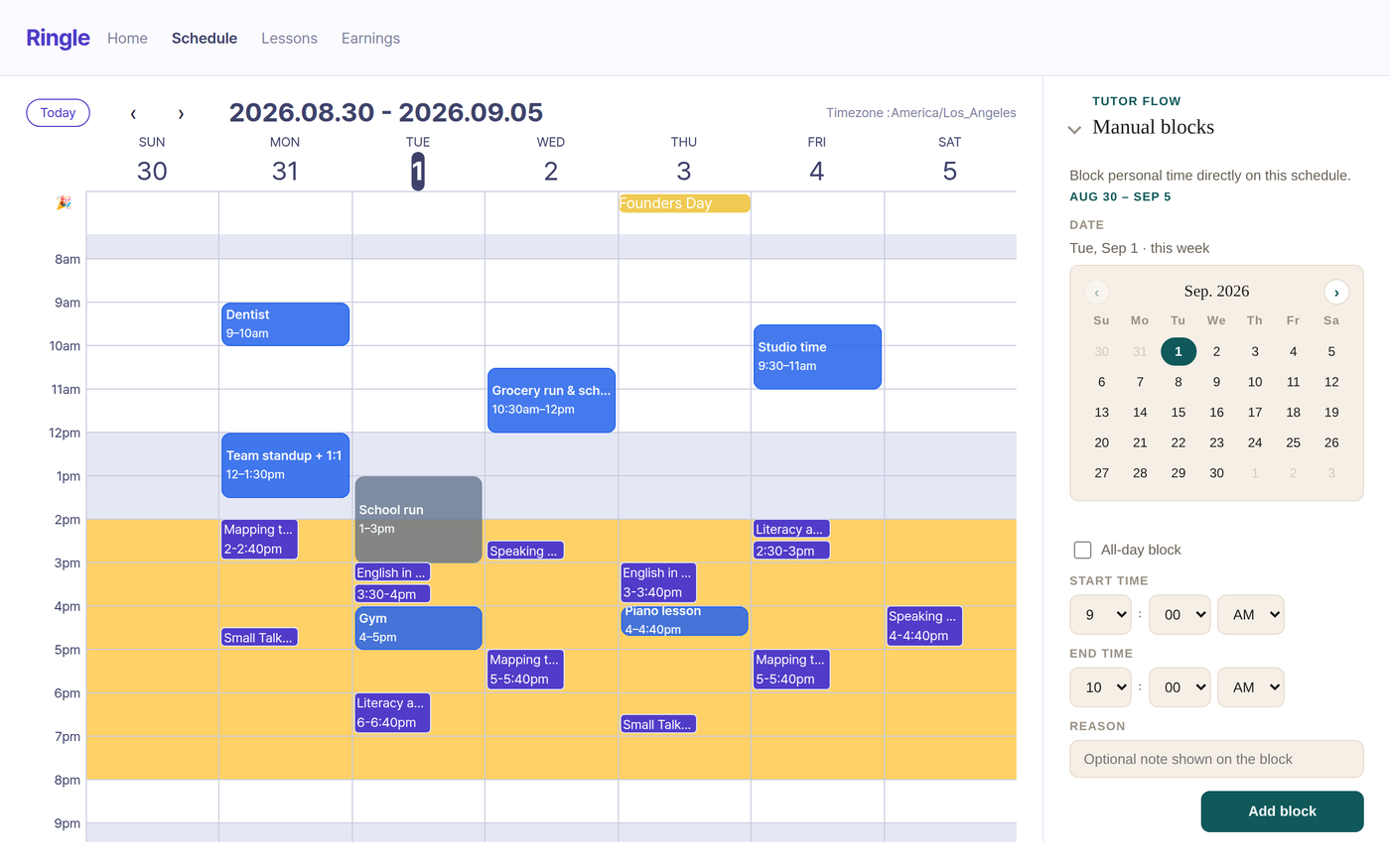 Ringle’s schedule page showing the tutor’s Google Calendar events: a pinned holiday, personal events in blue, and the manual blocks panel open in the sidebar.