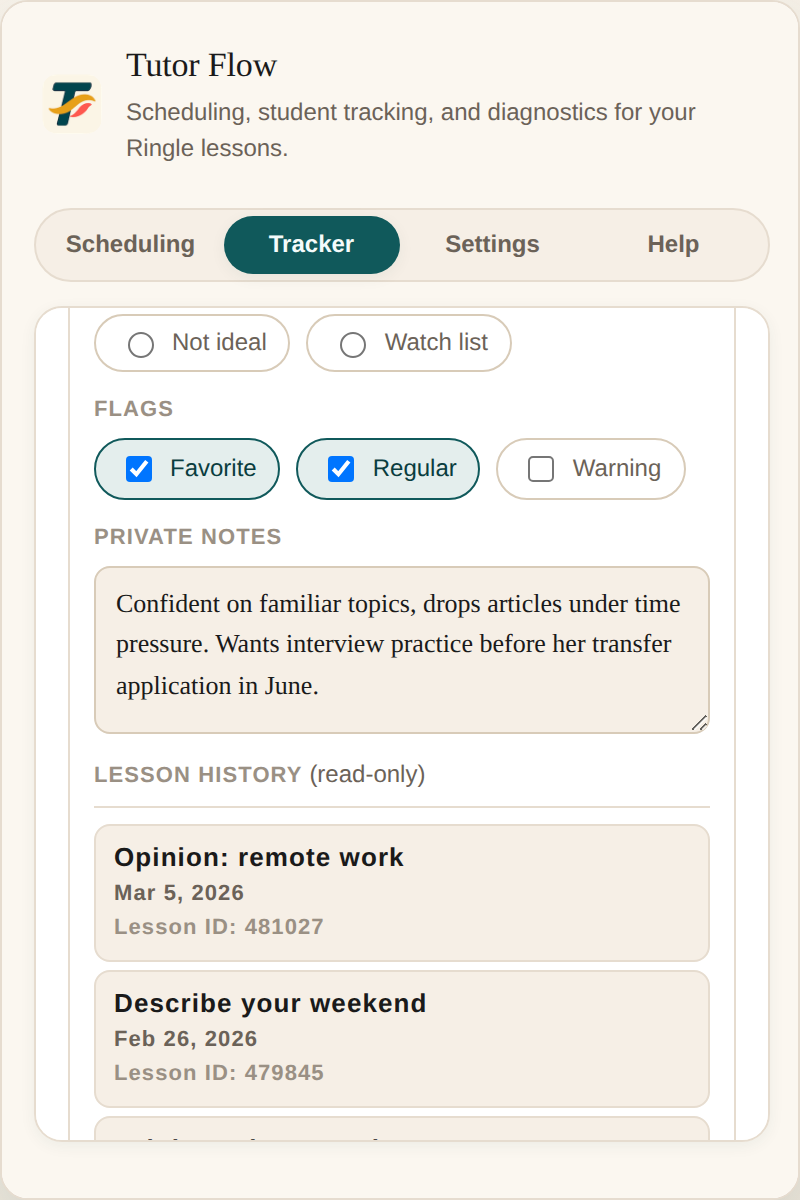 A single student’s Tutor Flow profile with flags, private notes, and a read-only lesson history.