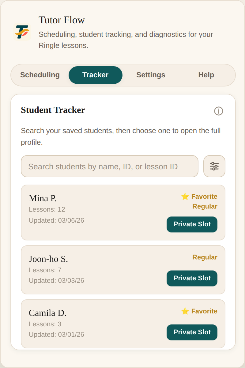 Tutor Flow’s Student Tracker panel listing three students with their lesson counts and favorite/regular flags.